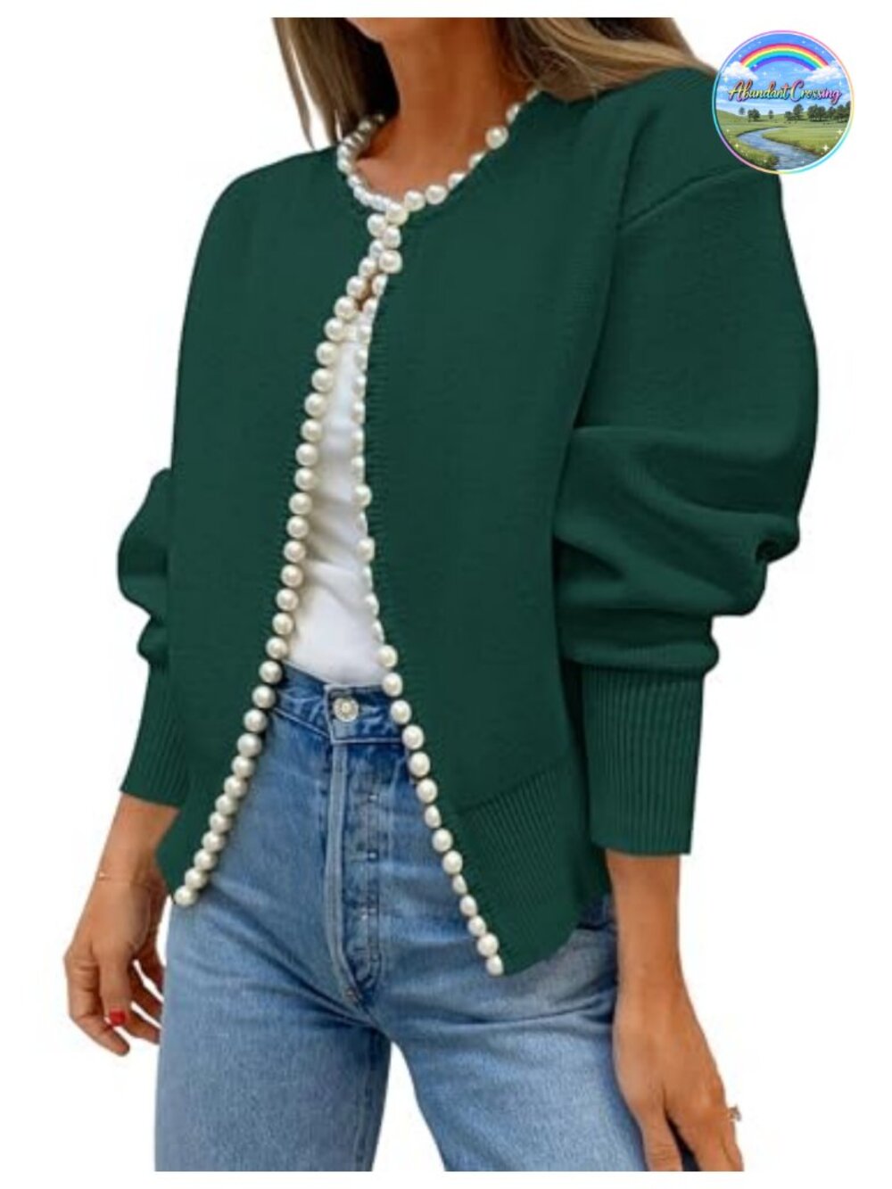 Pearl Trim Open Front Cardigan Sweater Ribbed Knit
